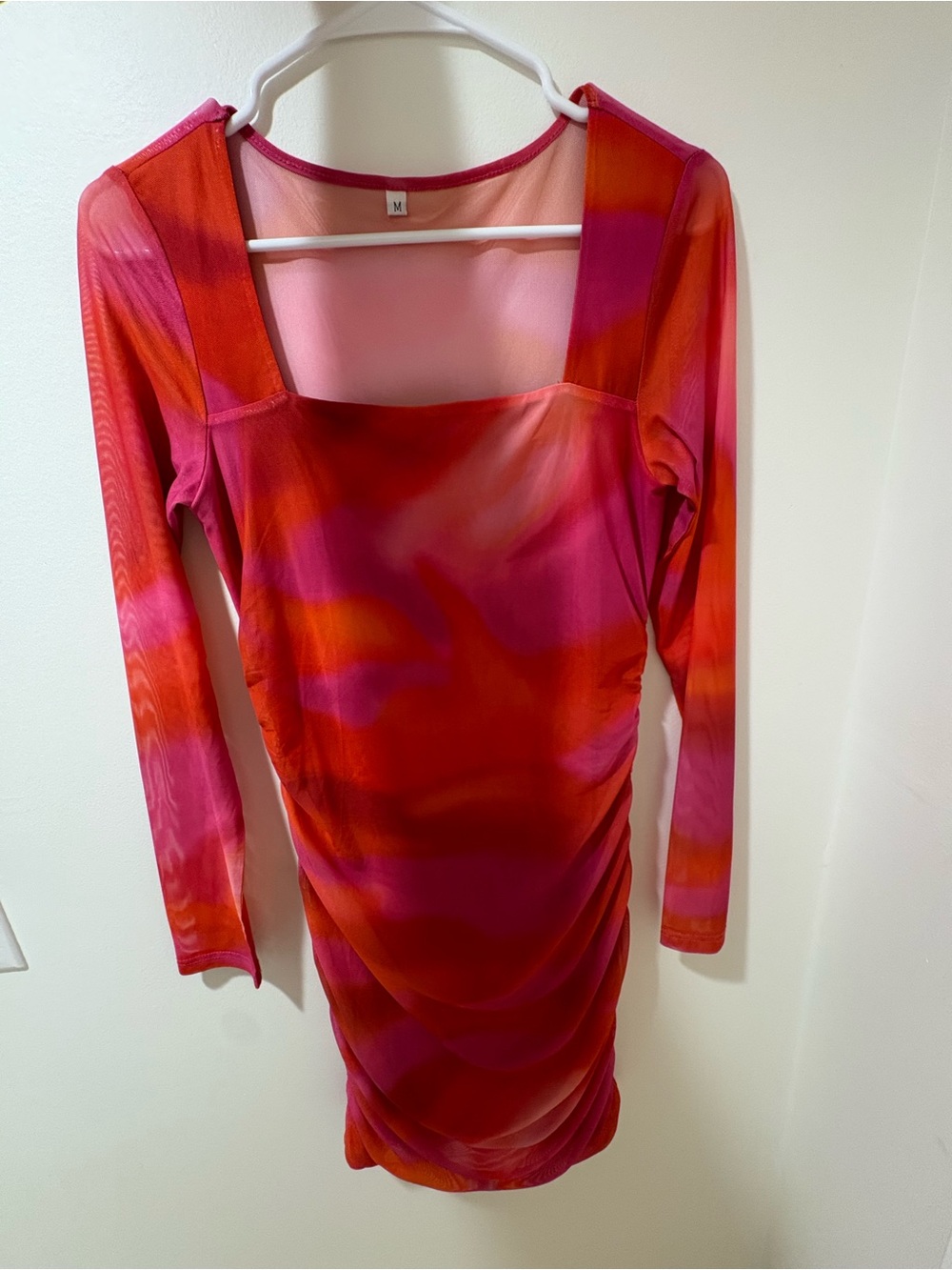 NWOT Orange and pink abstract gradient mesh bodycon mini dress - medium